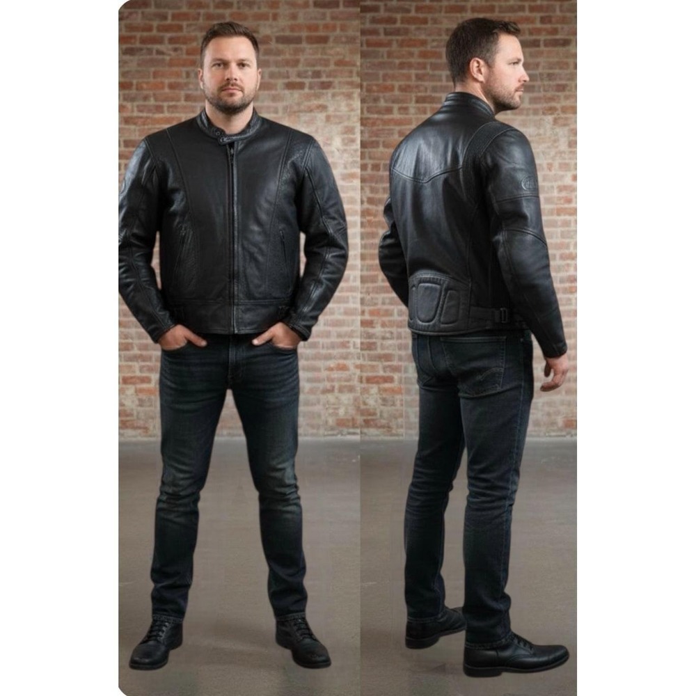 Z1R‎ Vintage Black Leather Protection Riding Jacket Moto Men's Zip Front Buckle